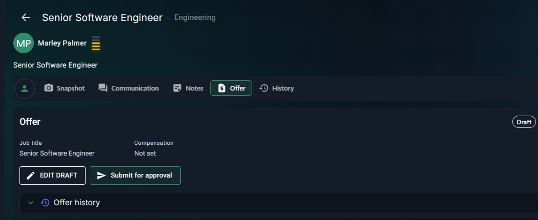 The applicant Offer tab showing the draft offer details and approval or send actions.