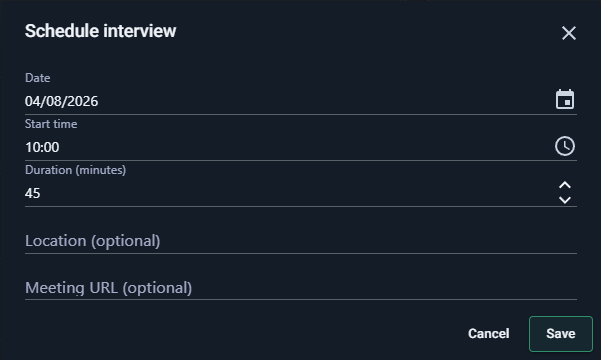 The Schedule interview dialog with date, time, duration, location, and meeting URL fields.